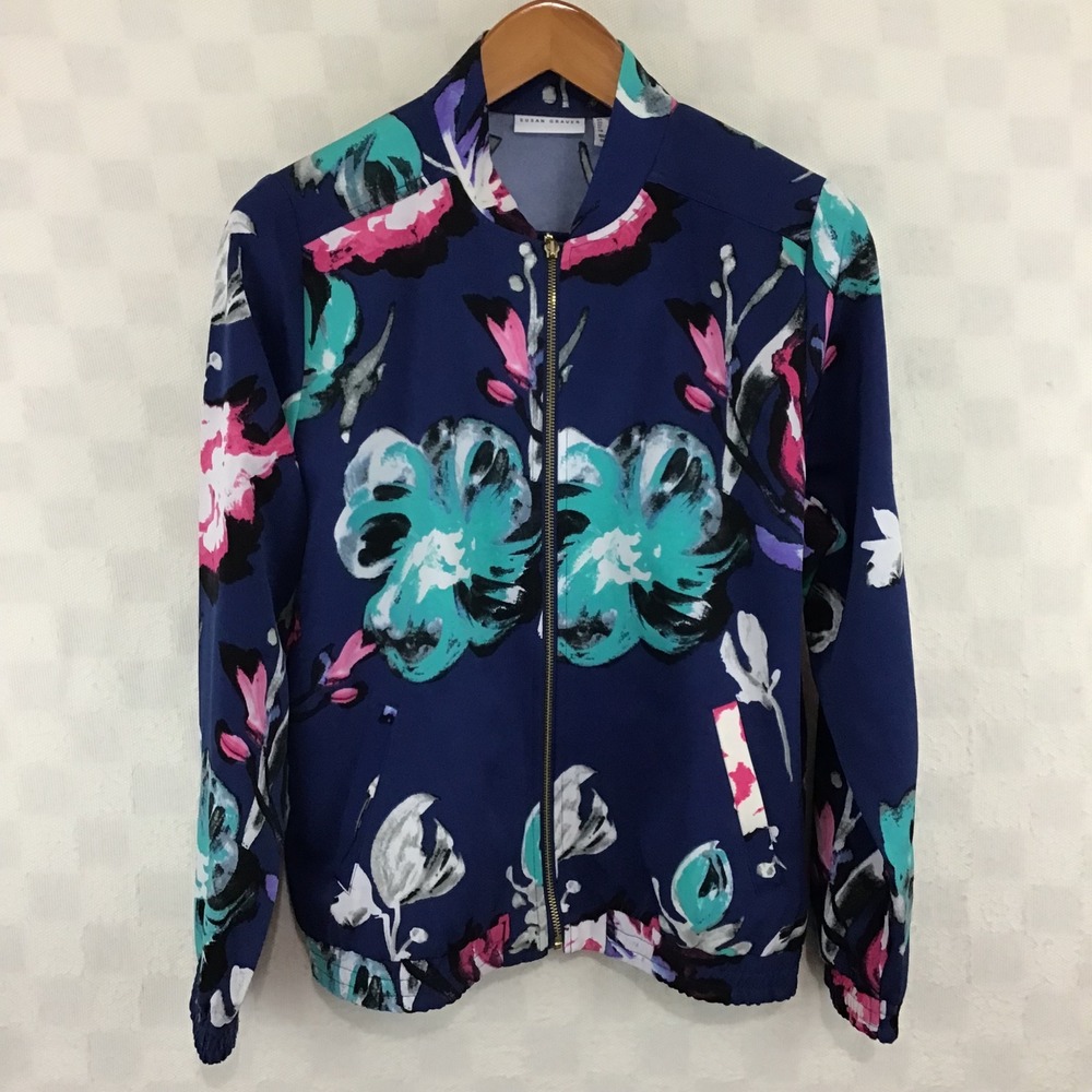 Susan Graver Floral Bomber Jacket Navy Blue Full Zip Size L Abstract Print